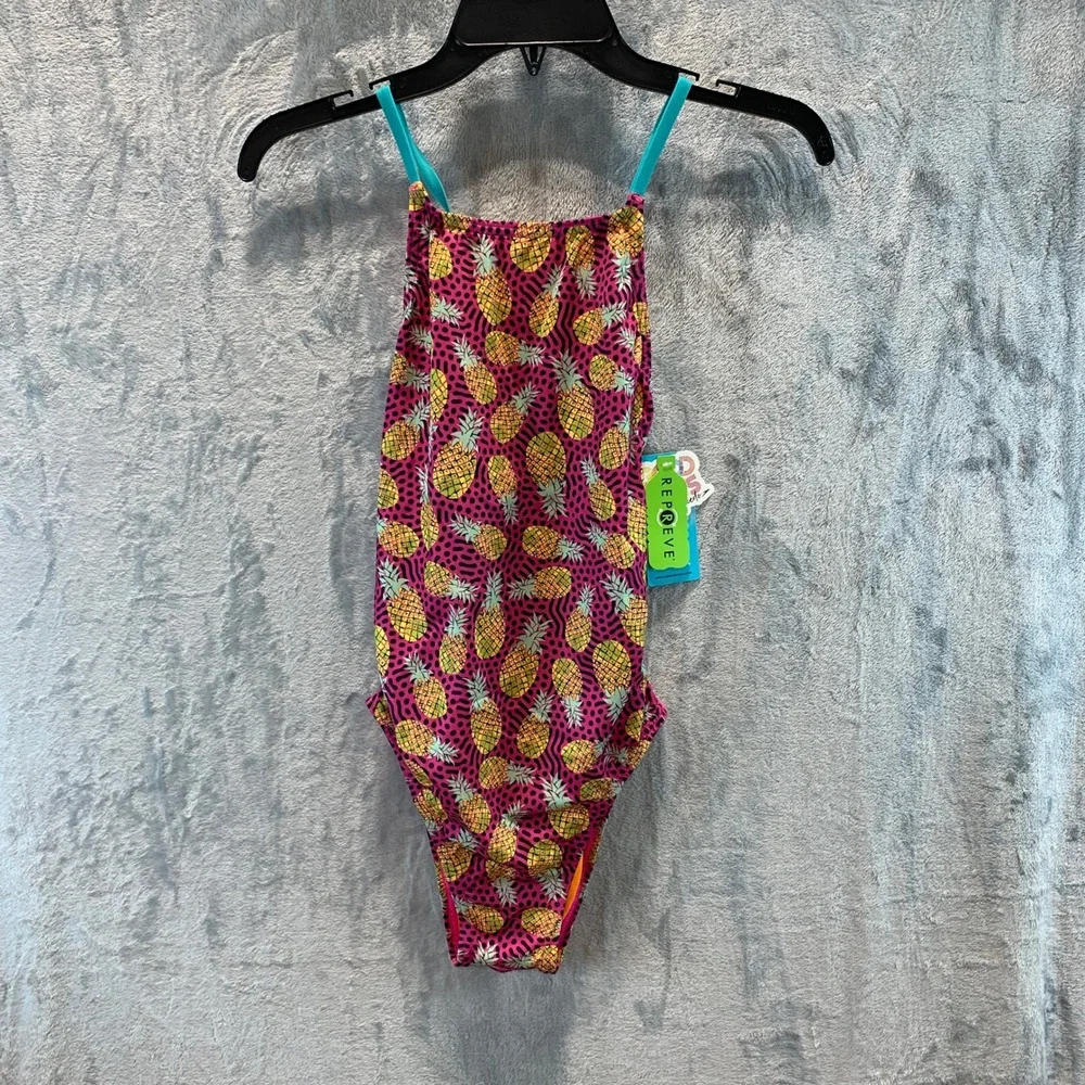 Speedo Vibe Collection Pineapple Party One Piece Swimsuit Pink Teal Size 34 NEW